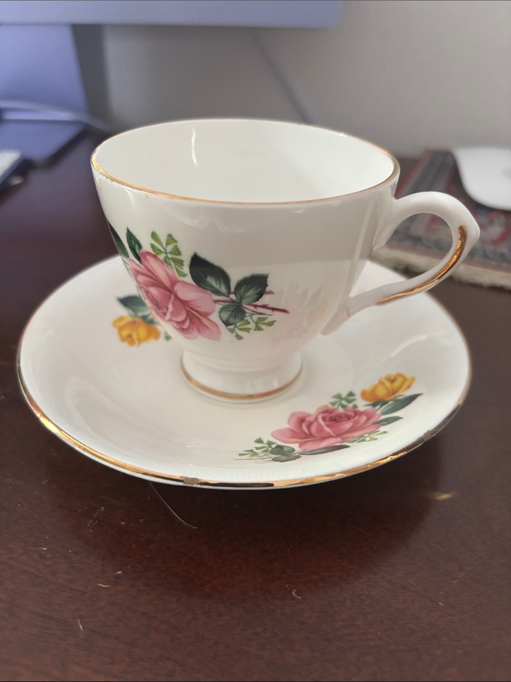 Lefton Pink Rose and Yellow Floral Gold-Trim Teacup with Saucer